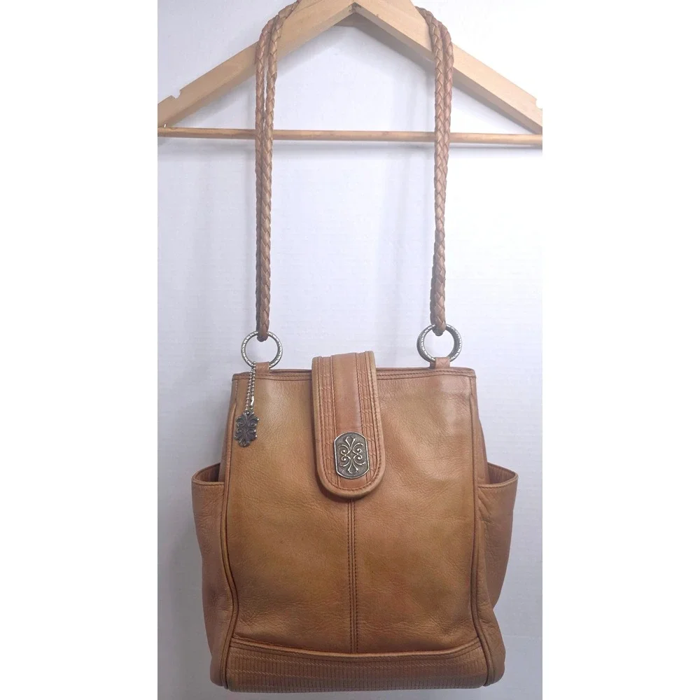 VTG 90s American Angel Tan Leather Braided‎ Strap Shoulder Bag Silver Medallion